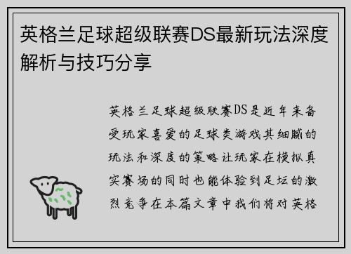 英格兰足球超级联赛DS最新玩法深度解析与技巧分享