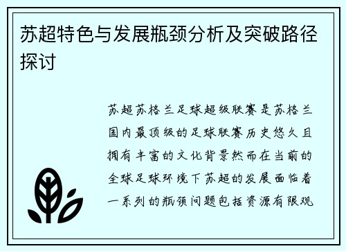 苏超特色与发展瓶颈分析及突破路径探讨